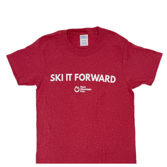 Red t-shirt with 'Ski It Forward' text on a white background