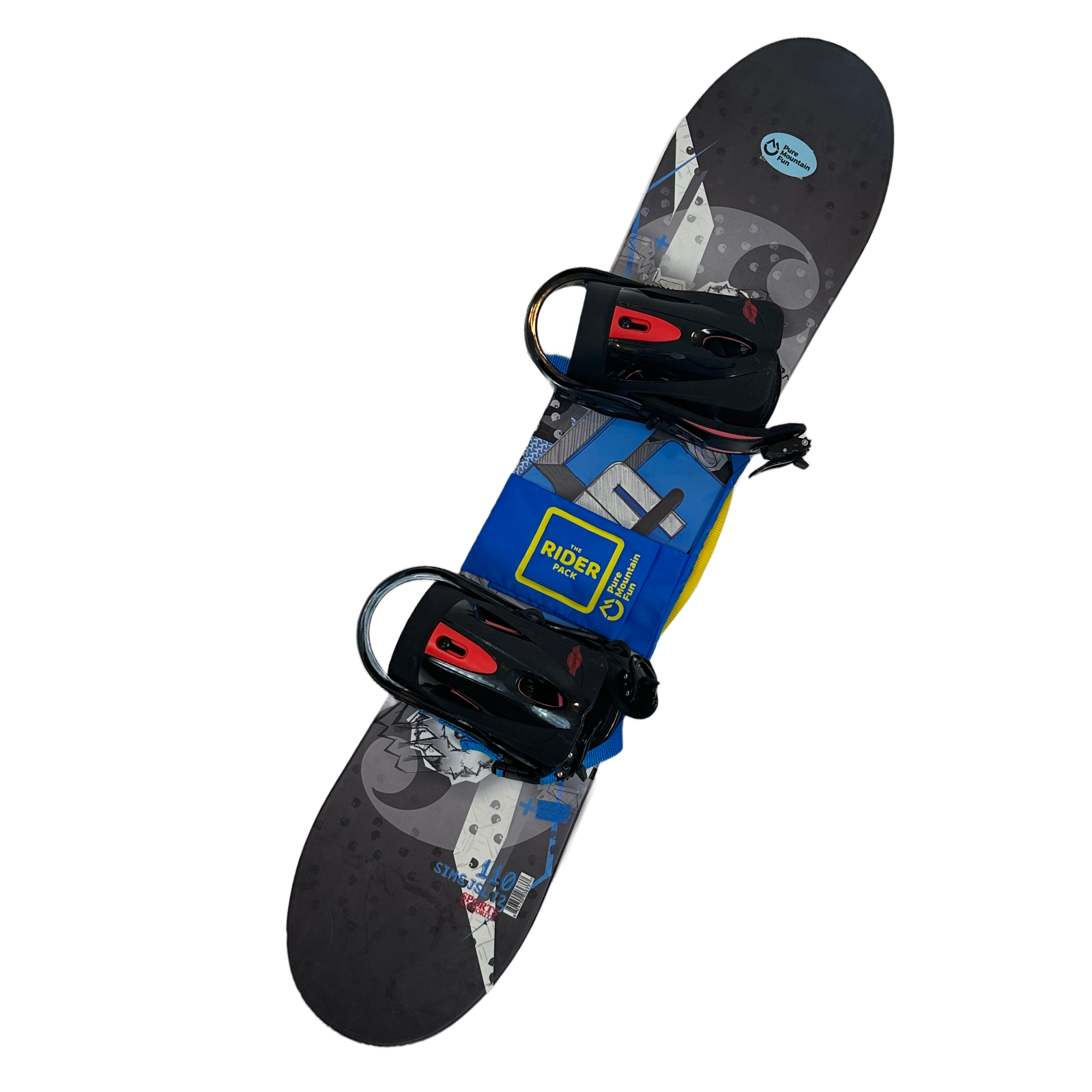 Image of Rider Pack on a snowboard,  Bottom strap connects under lower binding.  Top strap goes through the top binding