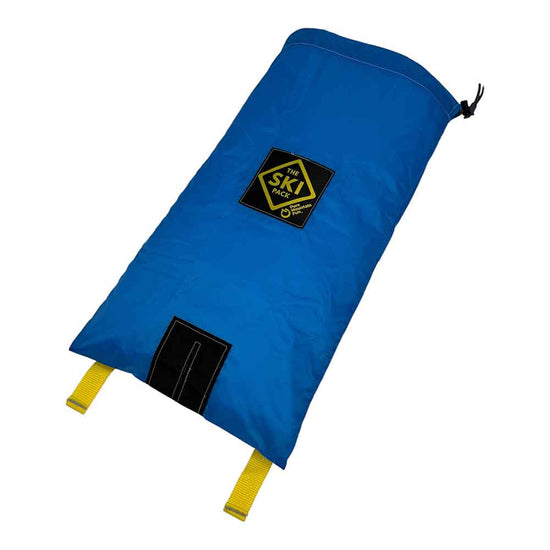 A blue waterproof bag or pouch with a black logo patch reading 'sky dive' and yellow webbing straps, shown on a plain white background.
