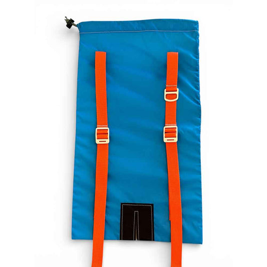 A bright blue drawstring Ski bag with two bright orange webbing straps and silver metal buckles, shown flat against a white background.