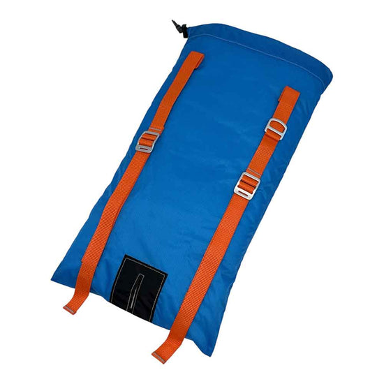A blue waterproof Ski bag or roll-up pouch with two bright orange webbing straps and silver metal buckles, shown on a plain white background.