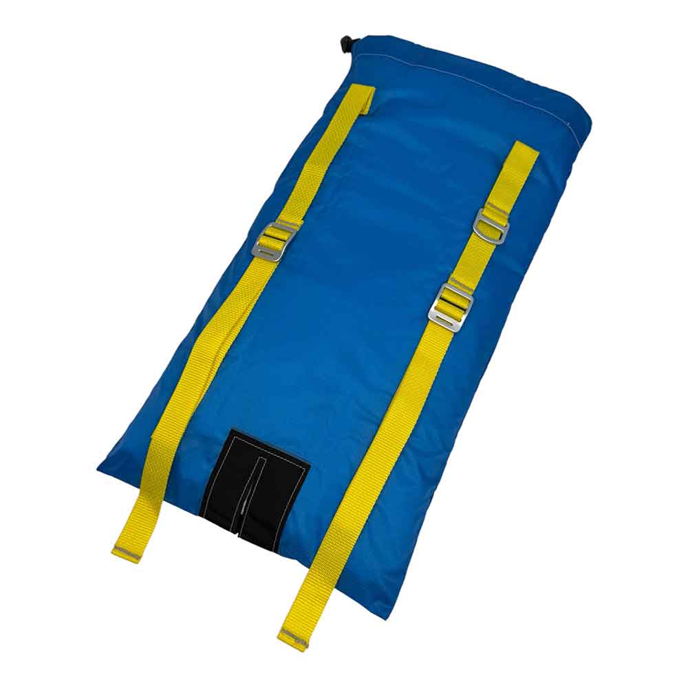 A blue roll-up bag with two bright yellow webbing straps and silver metal buckles, shown on a plain white background.