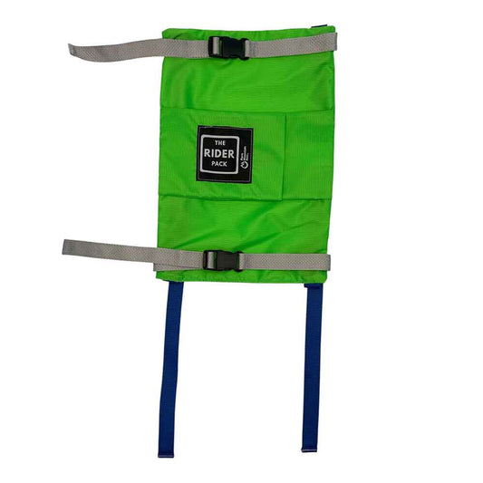 A Ski backpack with gray webbing straps and blue inner legs, featuring a black square patch that reads 'THE RIDER PACK'.