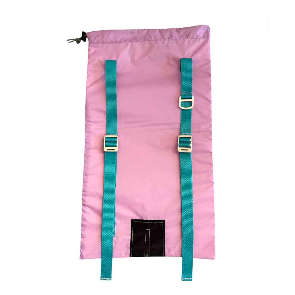 A Lavender Ski Pack with Teal Straps, webbing straps and silver metal buckles, shown against a plain white background.