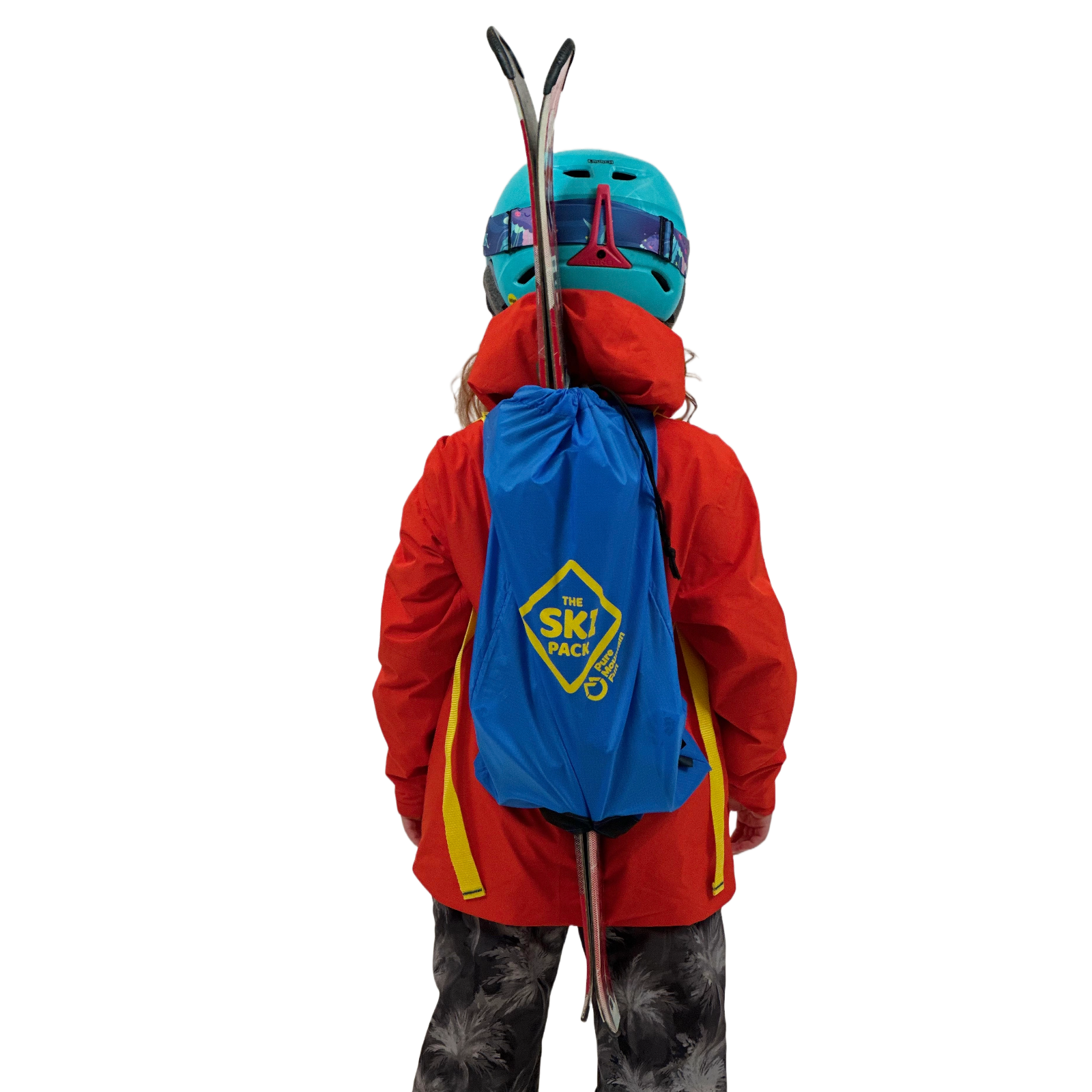 Child wearing small blue ski pack.  Photo shows how it looks from the back when used