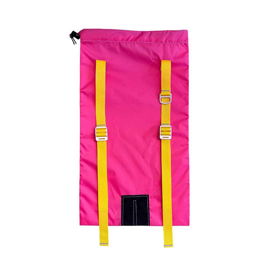 A bright pink drawstring backpack with two adjustable yellow webbing straps and silver metal buckles, shown against a plain white background.