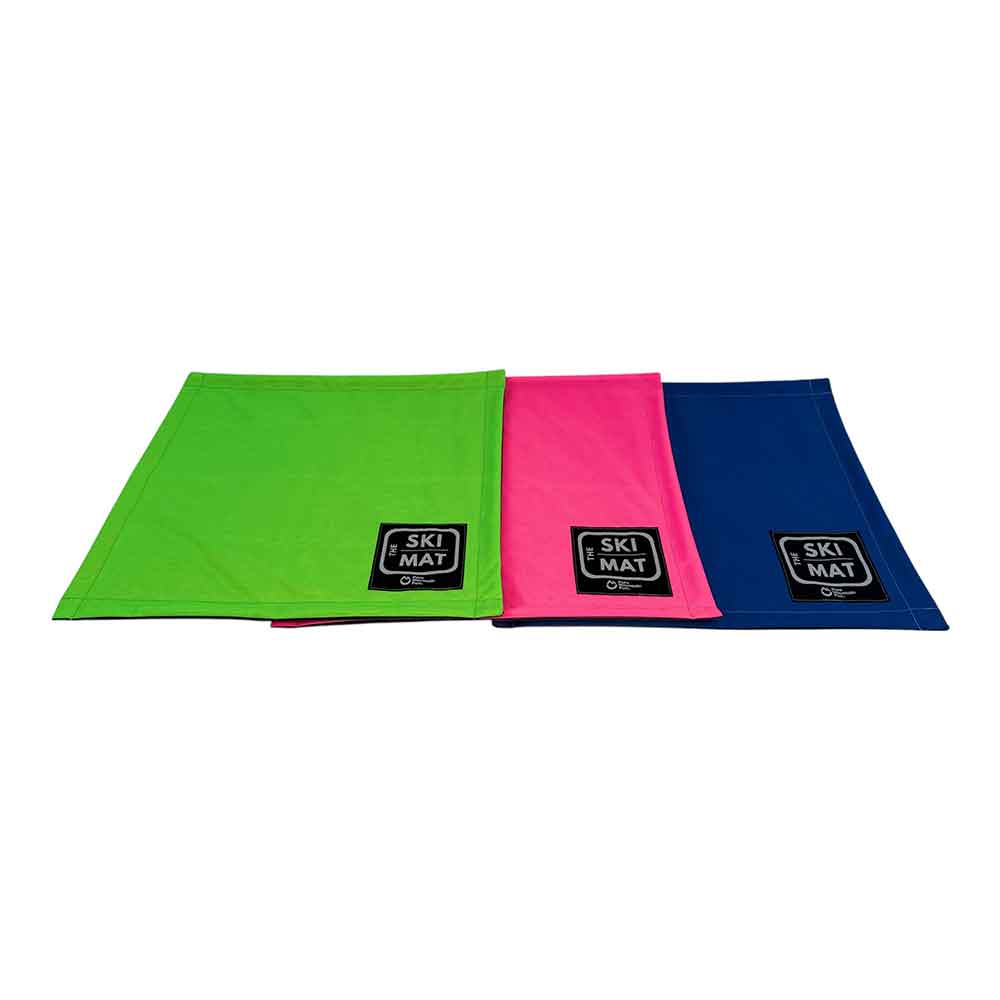 Three colorful ski mats with 'Ski Mat' logo on a white background