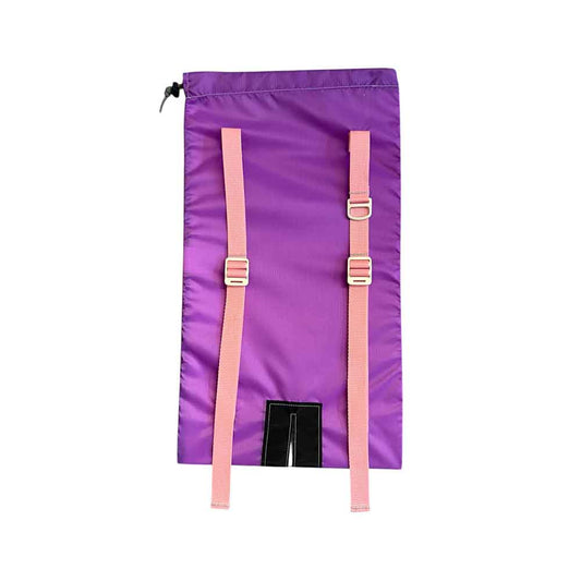 A purple drawstring bag with two adjustable pink straps and silver metal buckles, shown against a plain white background.