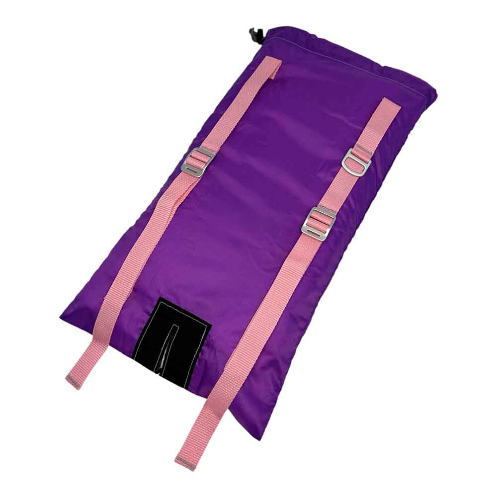 A purple waterproof roll-up bag with pink adjustable webbing straps and silver metal buckles, shown on a plain white background.