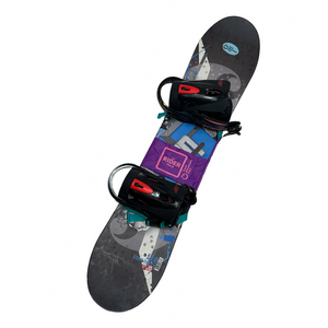 Image showing Rider Pack on a Snowboard.  Bottom strap goes below lower binding.  Top strap goes through the top binding.