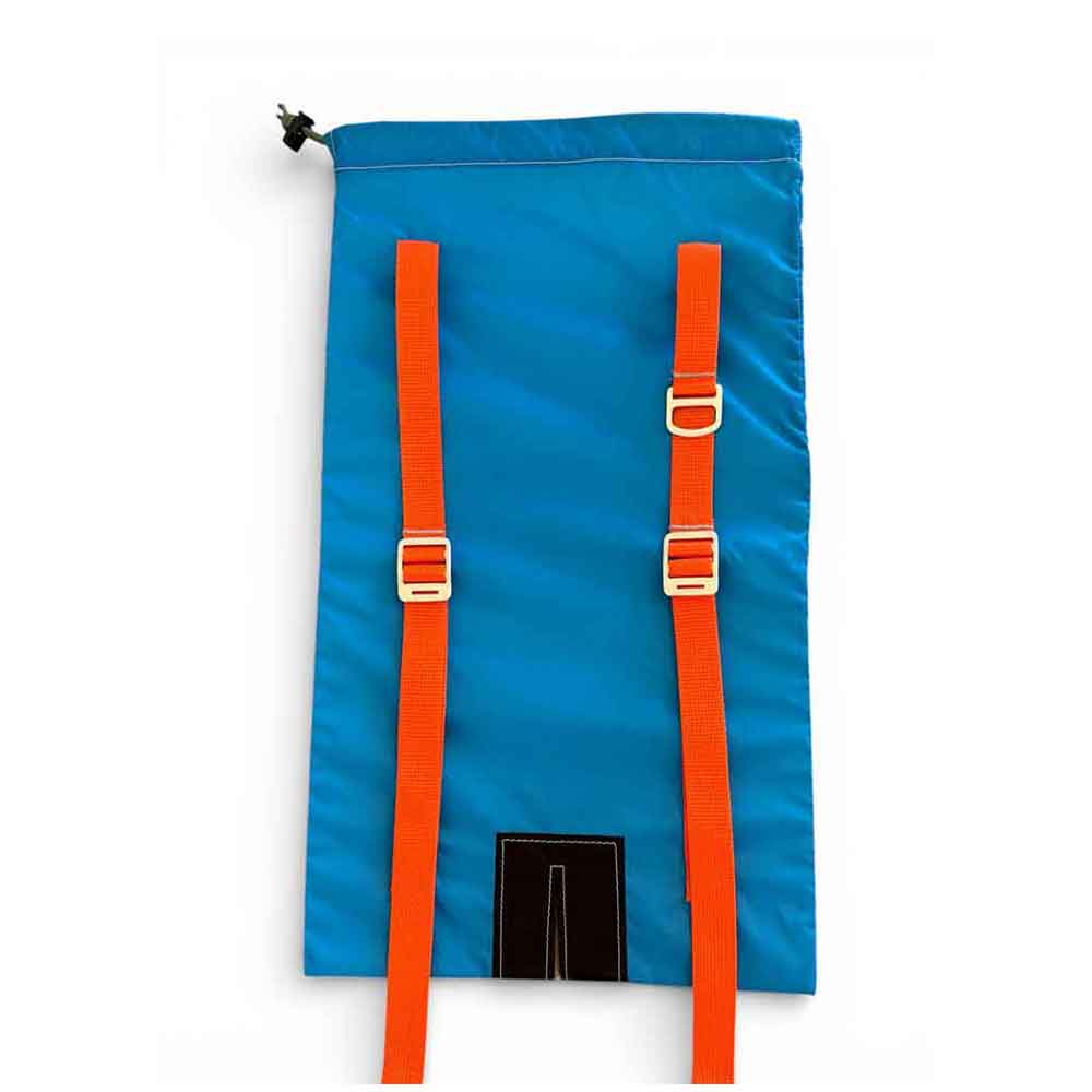 A bright blue drawstring Ski bag with two bright orange webbing straps and silver metal buckles, shown against a plain white background.