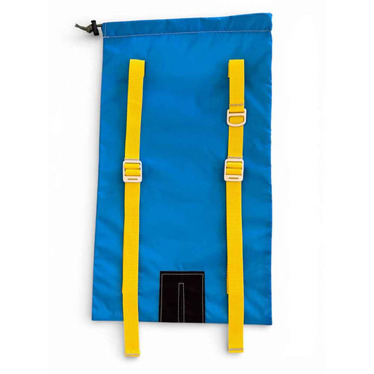 A blue drawstring bag with two bright yellow adjustable straps and silver metal buckles, shown against a plain white background.