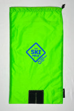 Front image of Neon Green Ski Pack with blue logo application