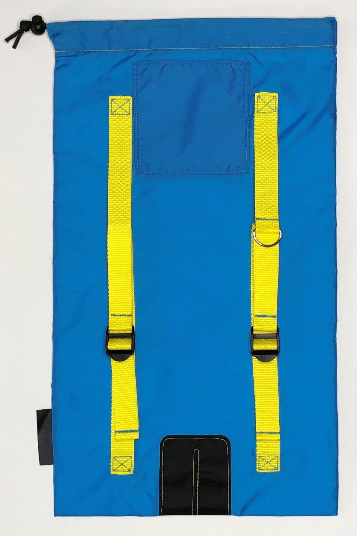 Image of blue Ski Pack fabric with yellow straps.  Features adjuster straps and d-ring for carrying ski accessories