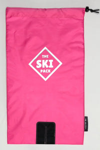 Image of pink Ski Pack with light pink straps and silver logo.