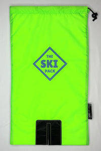 Image of green Ski Pack fabric with blue straps and blue logo.