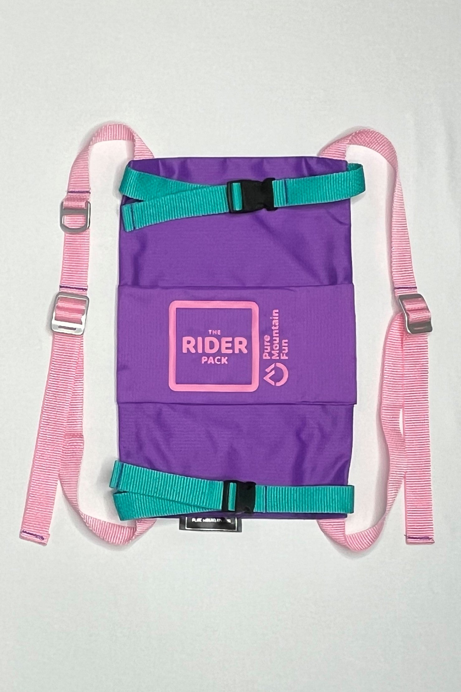 Front image of the purple Rider Pack featuring pink straps with adjusters. Teal straps go across the snowboard to hold it secure. 