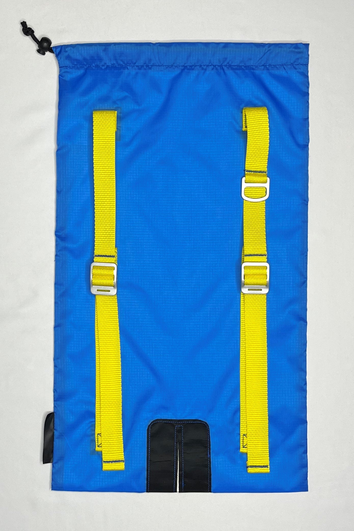 Back image of the Blue Ski Pack with Yellow straps and aluminum strap adjusters and d-ring
