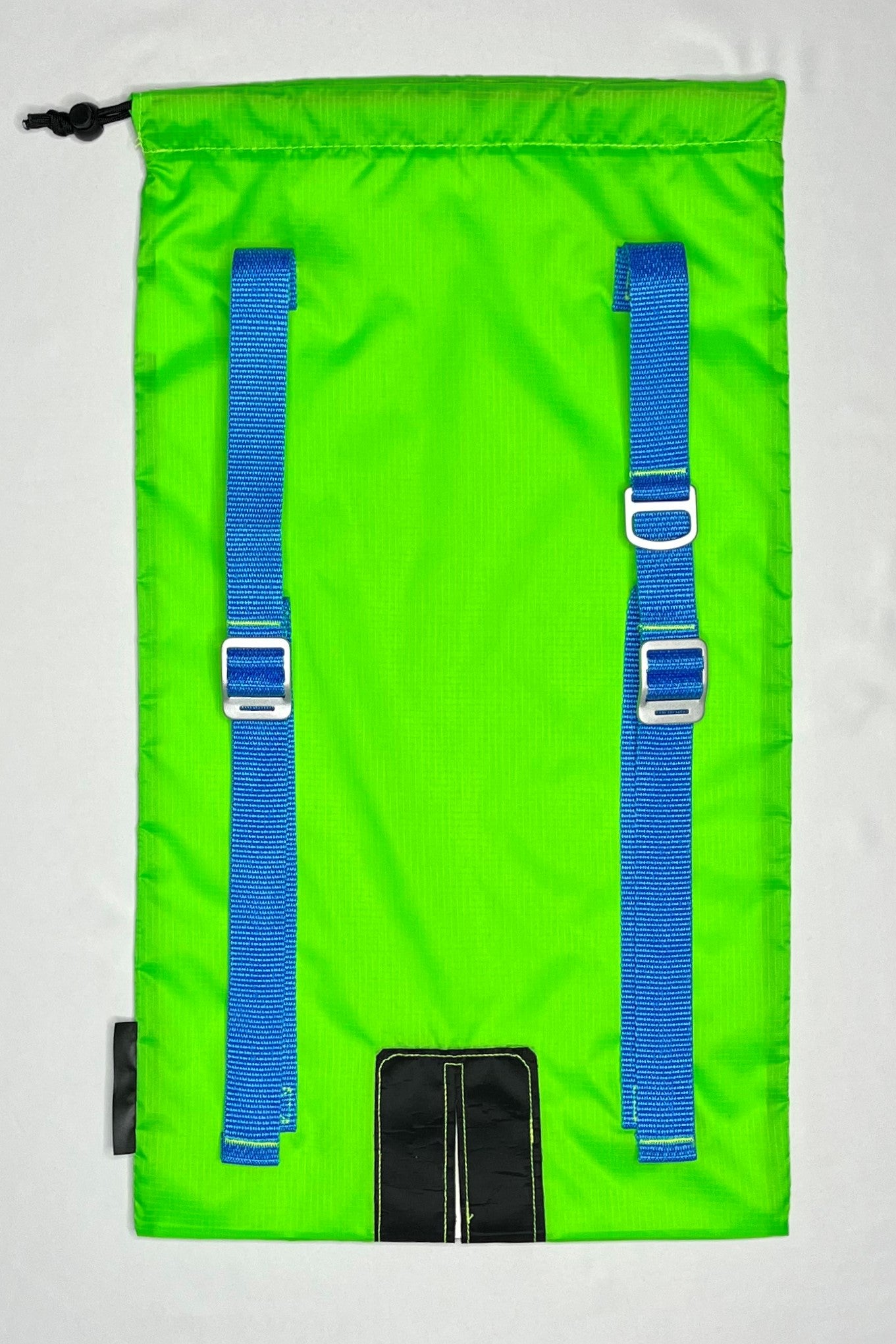 Back image of the Neon Green Ski Pack with blue straps and aluminum strap adjusters and d-ring