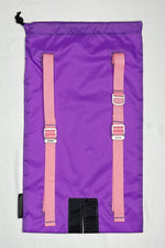 Back image of the Purple Ski Pack with pink straps and aluminum strap adjusters and d-ring